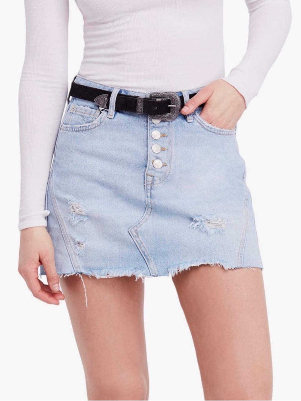 FP We The Free Light Blue Distressed Button-Front Denim Mini Skirt